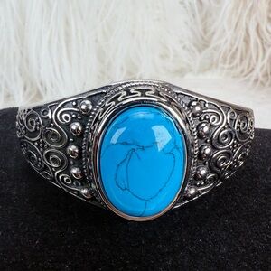 Aged silvertone, faux turquoise blue, cuff bracelet